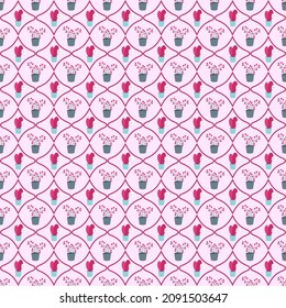 Pattern with flower pots and hearts. Floral pattern for Valentines Day. Vector illustration. Drawing for packaging, decoration, scrapbooking, fabric, prints, gift shops, covers and invitations.