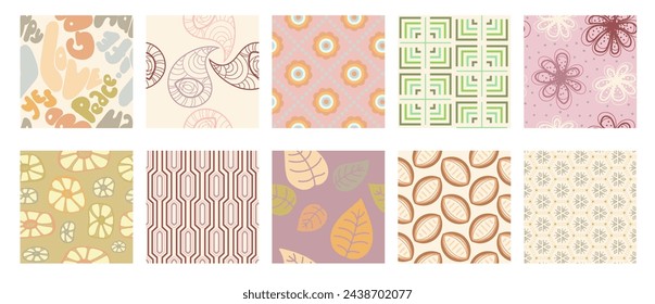 Pattern flower, retro print. Groovy abstract botanical and geometric simple background, organic shape floral marble, trendy vintage psychedelic funky aesthetic. Decor textile, wallpaper. Vector set
