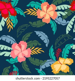 Pattern flower seamless, silhouette of hibiscus tropical,  hand drawn botanical, Floral leaf for spring and Summer time, natural ornaments for textile, fabric, wallpaper, texture design.