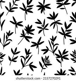 Patrón de las siluetas de flores de estilo blanco y negro, patrón de hierbas negras sobre fondo blanco 