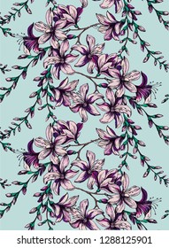 Pattern with Flower tree, tropical flowers, flower swag  on blue background