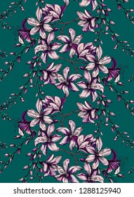 Pattern with Flower tree, tropical flowers, flower swag  on green background