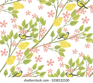 
pattern of flowering, spring, stylized twig of trees on which birds