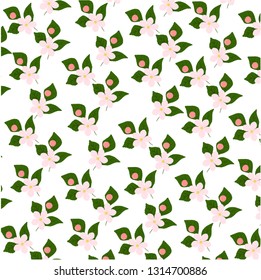 pattern with flowering tree branches on green background. Endless texture decoration with white flowers and flying petals.