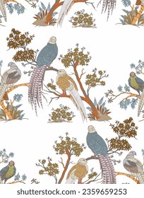 pattern of flowers and animals on a white background with green leaves and red and blue flowers on a white background.