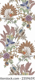 patrón de flores y animales sobre un fondo blanco con hojas verdes y flores rojas y azules sobre un fondo blanco.