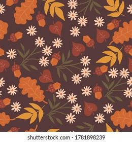 Pattern with flowers and autumn leaves. Vector graphics.