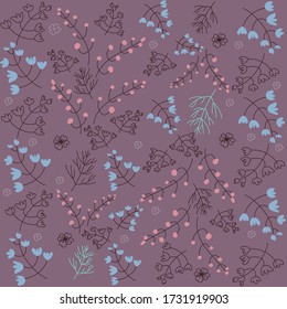 pattern with flowers and barries on purple background