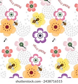 Pattern with flowers and bees,spring background.Vector drawing.