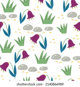 Dibuja campanas de flores con piedras de pasto. Papel de fondo de caricatura plana dibujado a mano vectores de papel digital papel de tela textil papel tapiz
