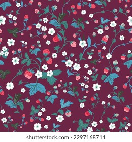 A pattern with flowers, berries and leaves of wild strawberries. Vector seamless texture illustration for summer cover, botanical wallpaper pattern, purple background.