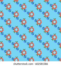 pattern with flowers and berries on a blue background for textiles