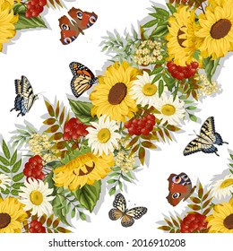 Pattern with flowers and berries.Sunflowers, berries and butterflies on a white background in a color vector pattern.