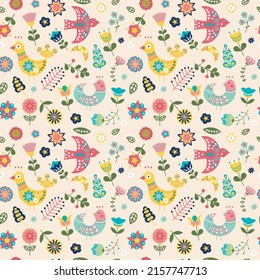 Pattern. flowers, birds, folk drawing. A bright picture. children's drawing. folk folklore