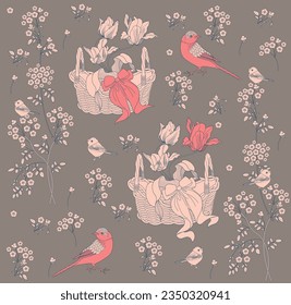 Pattern with flowers and birds. Textile background, line graphics. 
