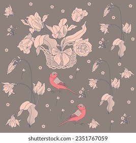 Pattern with flowers and birds. Textile background, line graphics. 
