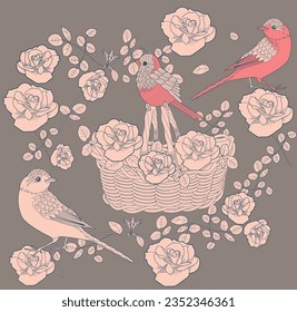 Pattern with flowers and birds. Textile background, line graphics. 
