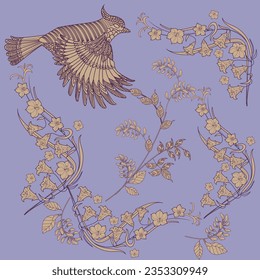 Pattern with flowers and birds. Textile background, line graphics. 
