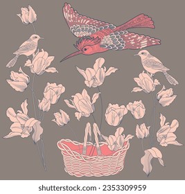 Pattern with flowers and birds. Textile background, line graphics. 
