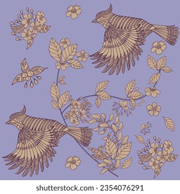 Pattern with flowers and birds. Textile background, line graphics. 

