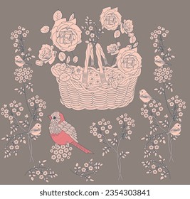 Pattern with flowers and birds. Textile background, line graphics. 
