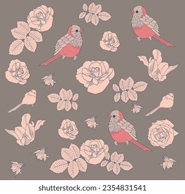 Pattern with flowers and birds. Textile background, line graphics. 
