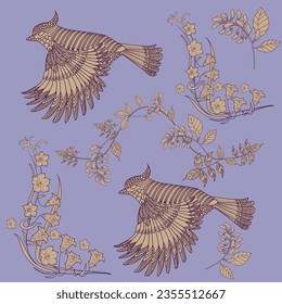 Pattern with flowers and birds. Textile background, line graphics. 
