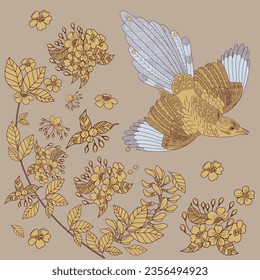  Pattern with flowers and birds. Textile background, line graphics. 
