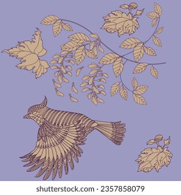 Pattern with flowers and birds. Textile background, line graphics.