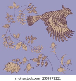 Pattern with flowers and birds. Textile background, line graphics.