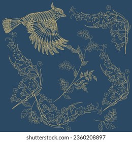 Pattern with flowers and birds. Textile background, line graphics.