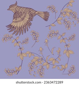 Pattern with flowers and birds. Textile background, line graphics.