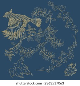 Pattern with flowers and birds. Textile background, line graphics. 
