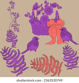 Pattern with flowers and birds. Textile background, line graphics. 