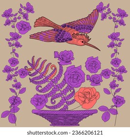 Patrón con flores y pájaros. Fondo textil, gráficos de línea. 