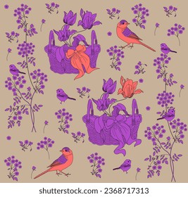 Patrón con flores y pájaros. Fondo textil, gráficos de línea. 