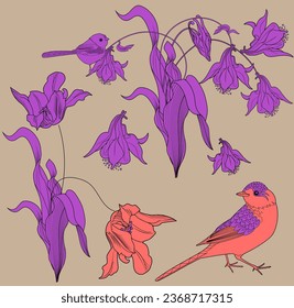 Pattern with flowers and birds. Textile background, line graphics. 