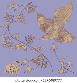 Patrón con flores y pájaros. Fondo textil, gráficos de línea.