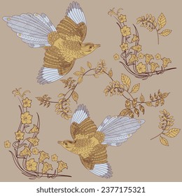 Pattern with flowers and birds. Textile background, line graphics.