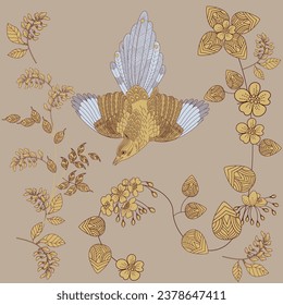 Patrón con flores y pájaros. Fondo textil, gráficos de línea.