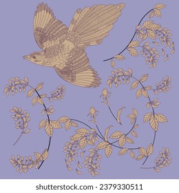 Patrón con flores y pájaros. Fondo textil, gráficos de línea.
