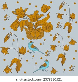 Patrón con flores y pájaros. Fondo textil, gráficos de línea.