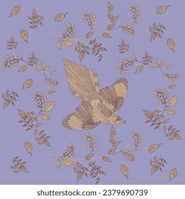 Pattern with flowers and birds. Textile background, line graphics.