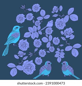 Patrón con flores y pájaros. Fondo textil, gráficos de línea. 
