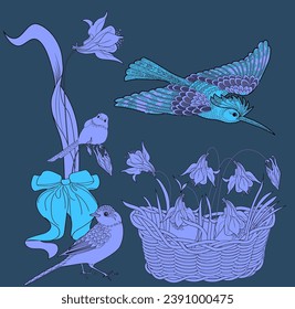 Pattern with flowers and birds. Textile background, line graphics. 
