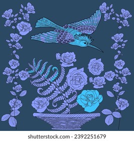 Pattern with flowers and birds. Textile background, line graphics. 
