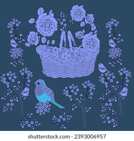 Pattern with flowers and birds. Textile background, line graphics. 
