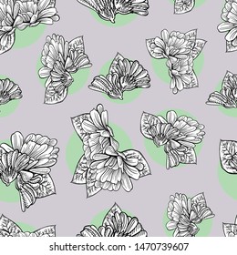 pattern flowers black and white graphic line seamless background doodle on green spots, sketch wallpaper illustration