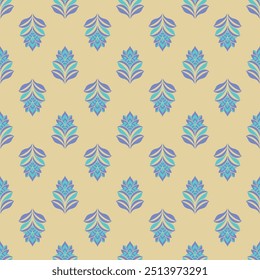 Un patrón de flores en azul y verde está sobre un fondo bronceado. Las flores están dispuestas de una manera que crea una sensación de movimiento y flujo