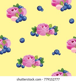 Pattern with flowers and blueberries. Vector seamless texture.
